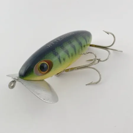 Vintage Fred Arbogast Jitterbug Early Bug Eye​ (1960s), 1/2oz Green tiger fishing lure #23902