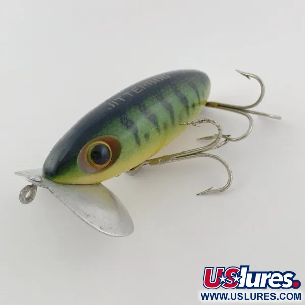 Vintage Fred Arbogast Jitterbug Early Bug Eye​ (1960s), 1/2oz Green tiger fishing lure #23902