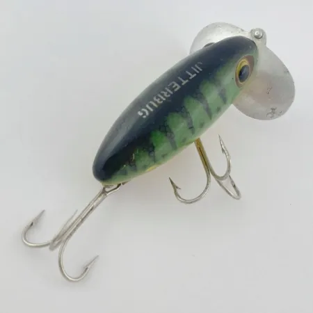 Vintage Fred Arbogast Jitterbug Early Bug Eye​ (1960s), 1/2oz Green tiger fishing lure #23902