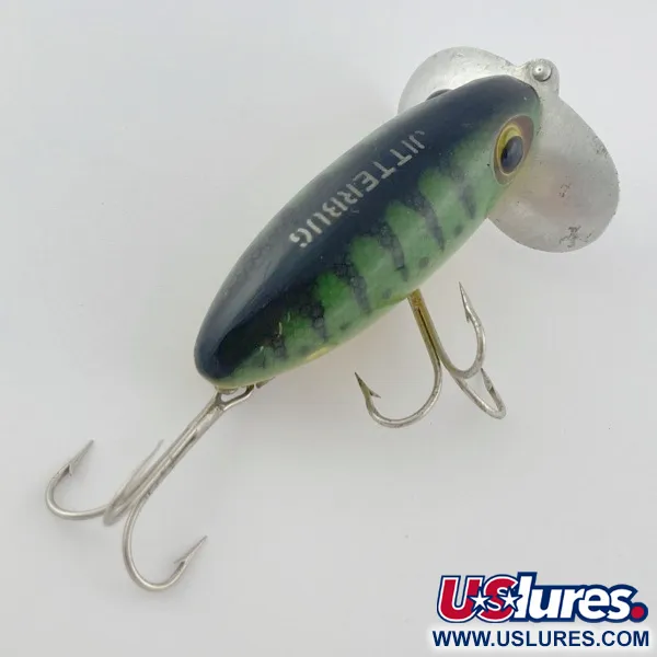 Vintage Fred Arbogast Jitterbug Early Bug Eye​ (1960s), 1/2oz Green tiger fishing lure #23902
