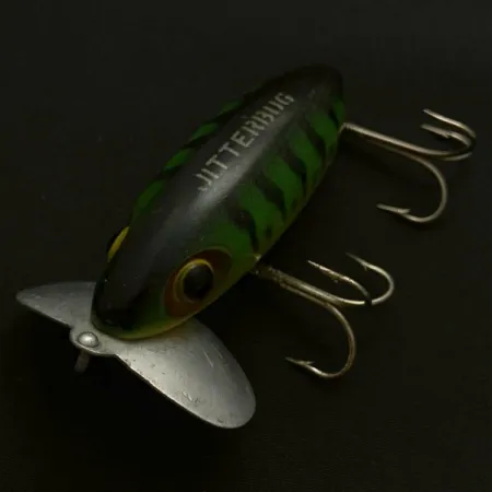Vintage Fred Arbogast Jitterbug Early Bug Eye​ (1960s), 1/2oz Green tiger fishing lure #23902