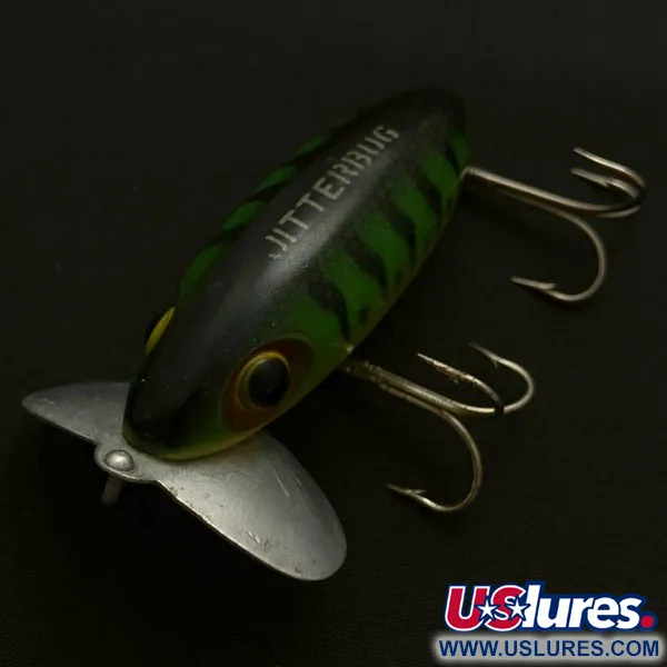 Vintage Fred Arbogast Jitterbug Early Bug Eye​ (1960s), 1/2oz Green tiger fishing lure #23902