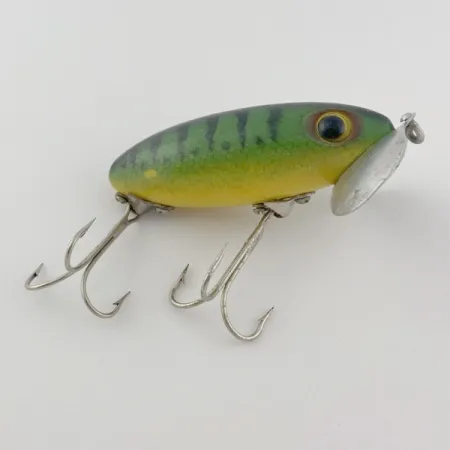 Vintage Fred Arbogast Jitterbug Early Bug Eye​ (1960s), 1/2oz Green tiger fishing lure #23902