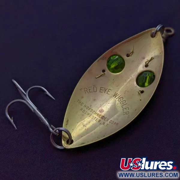 Vintage Hofschneider Red Eye Wiggler, 1oz gold/green fishing spoon #24288
