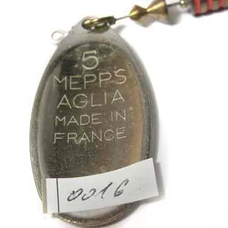 Vintage Mepps Aglia 5 Musky Killer Steel, 3/5oz Steel / Brass / Red / Black spinning lure #0016