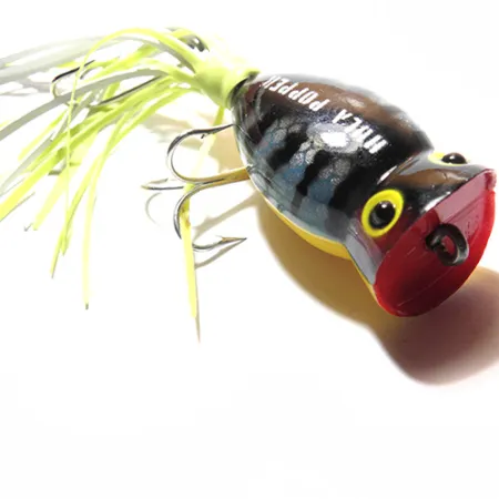 Vintage Fred Arbogast Hula Popper, 1/4oz Green / Yellow / Red fishing lure #0074