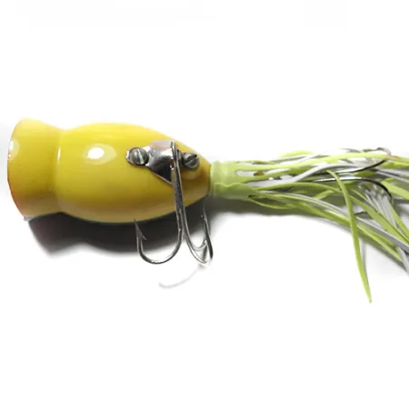 Vintage Fred Arbogast Hula Popper, 1/4oz Green / Yellow / Red fishing lure #0074