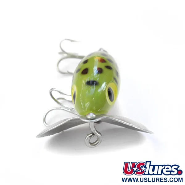 Vintage   Fred Arbogast Jitterbug, 1/4oz Green / Yellow / Black dots Frog fishing lure #0086