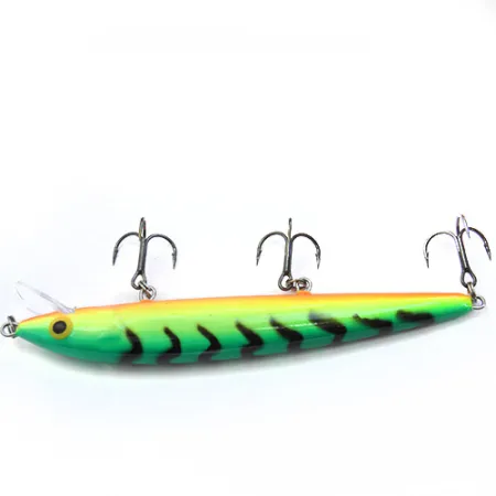 Vintage Rapala Husky Jerk, 2/5oz Green / Yellow / Orange=Black Stripes fishing lure #0089