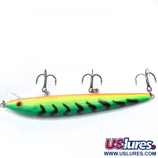 Vintage Rapala Husky Jerk, 2/5oz Green / Yellow / Orange=Black Stripes fishing lure #0089