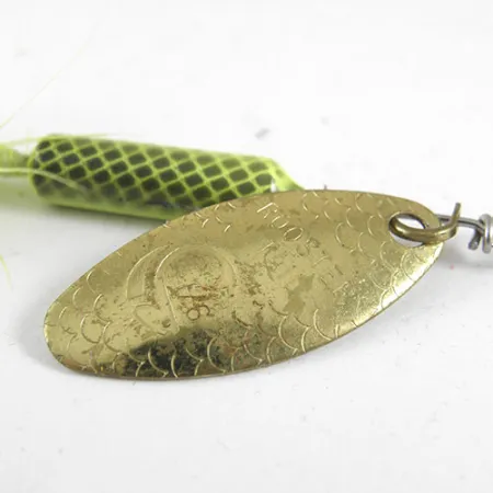 Vintage Yakima Bait Worden’s Original Rooster Tail, 1/4oz Fluorescent Green / Brass spinning lure #0979