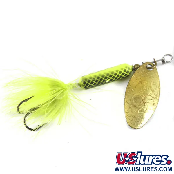 Vintage  Yakima Bait Worden’s Original Rooster Tail, 1/4oz Fluorescent Green / Brass spinning lure #0979