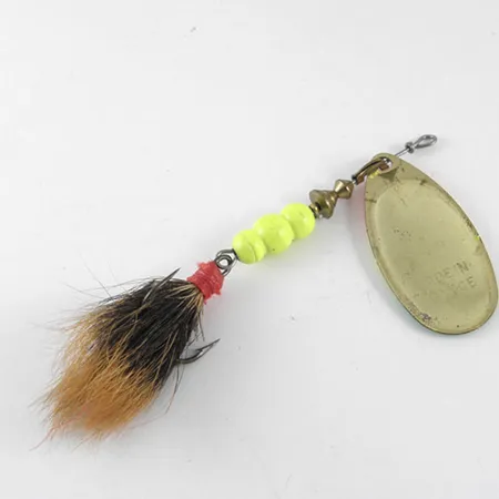 Vintage Mepps Aglia Fluo 4 dressed, 1/3oz Brass / Fluorescent spinning lure #1085