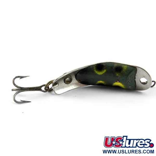 Vintage  Helin Tackle Helin Swinmming Spoon 125, 3/32oz Nickel / Frog (Green and Yellow) fishing spoon #1157