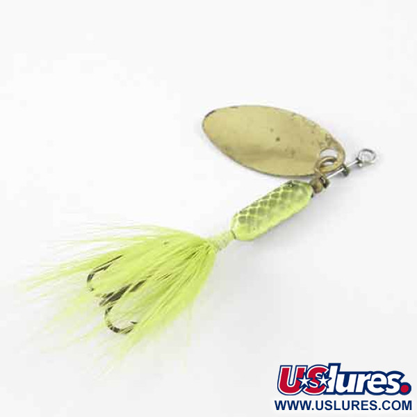 Vintage  Yakima Bait Worden’s Original Rooster Tail, 3/32oz Brass / Fluorescent Green spinning lure #1383