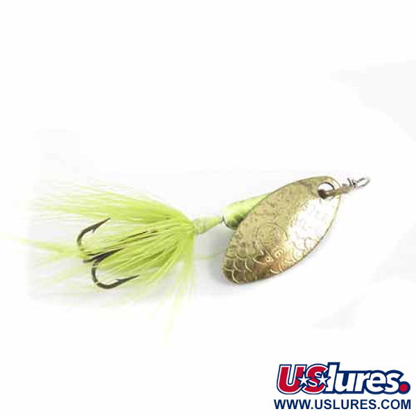 Vintage  Yakima Bait Worden’s Original Rooster Tail, 3/32oz Brass / Fluorescent Green spinning lure #1383