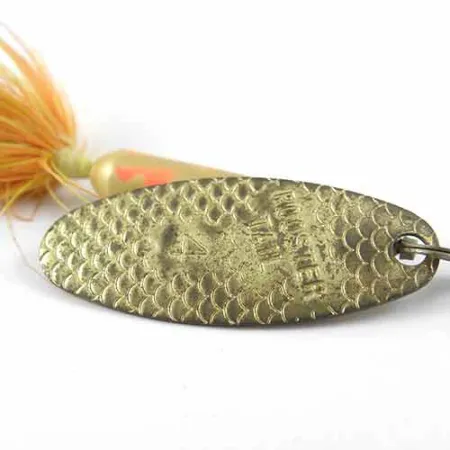 Vintage Yakima Bait Worden’s Original Rooster Tail 4, 1/4oz Brass / Yellow / Red spinning lure #1390