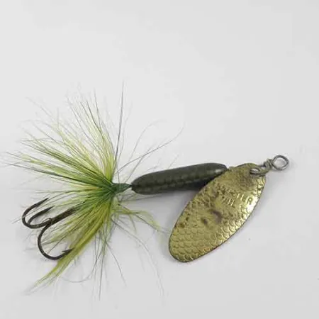 Vintage Yakima Bait Worden’s Original Rooster Tail 4, 1/4oz Brass / Green spinning lure #1391