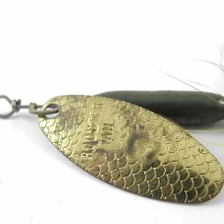 Vintage Yakima Bait Worden’s Original Rooster Tail 4, 1/4oz Brass / Green spinning lure #1391