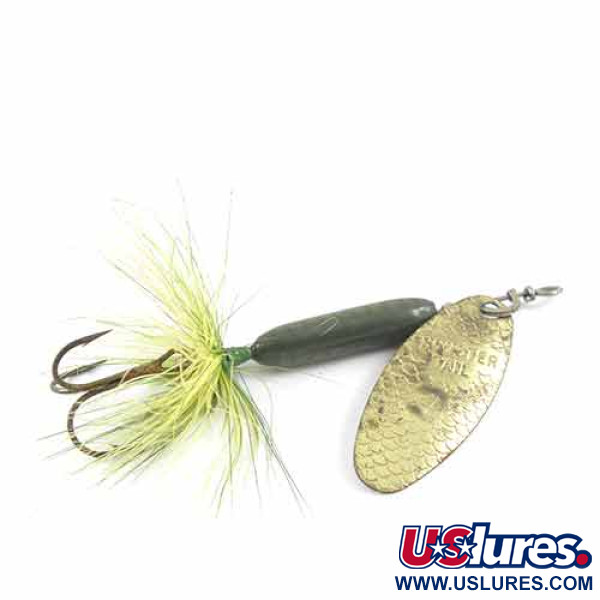 Vintage  Yakima Bait Worden’s Original Rooster Tail 4, 1/4oz Brass / Green spinning lure #1391