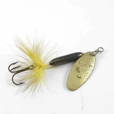 Vintage Yakima Bait Worden’s Original Rooster Tail 4, 1/4oz Brass / Black / Yellow spinning lure #1397