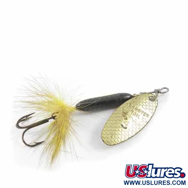 Vintage  Yakima Bait Worden’s Original Rooster Tail 4, 1/4oz Brass / Black / Yellow spinning lure #1397