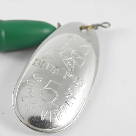 Vintage Blue Fox Super Vibrax 5, 1/2oz Nickel / Green spinning lure #1504