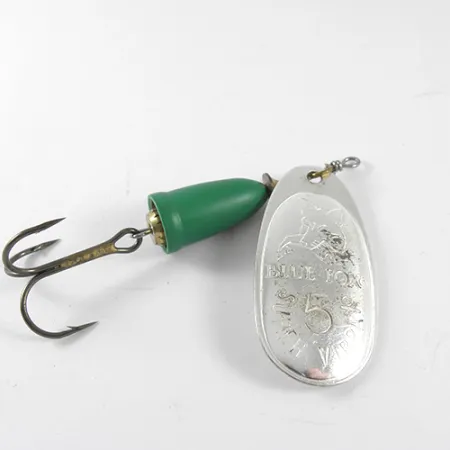 Vintage Blue Fox Super Vibrax 5, 1/2oz Nickel / Green fishing spoon #1505