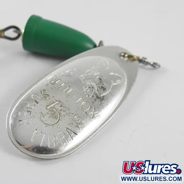 Vintage   Blue Fox Super Vibrax 5, 1/2oz Nickel / Green fishing spoon #1505