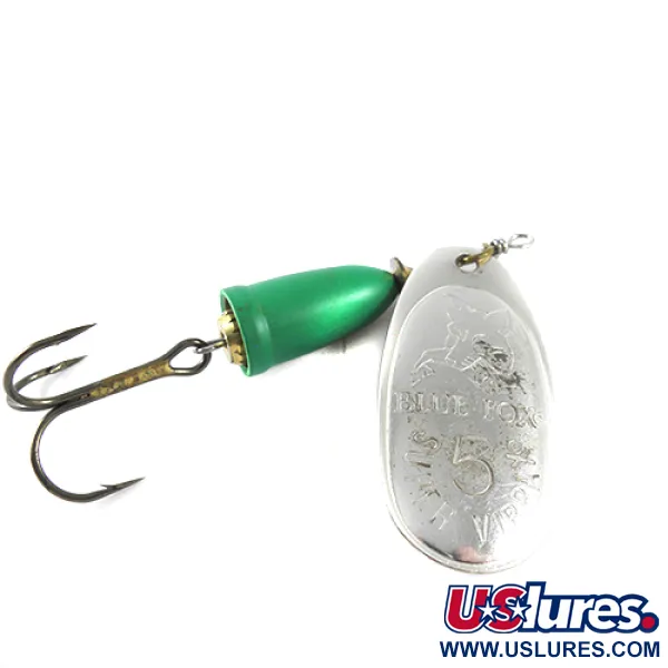 Vintage   Blue Fox Super Vibrax 5, 1/2oz Nickel / Green fishing spoon #1505