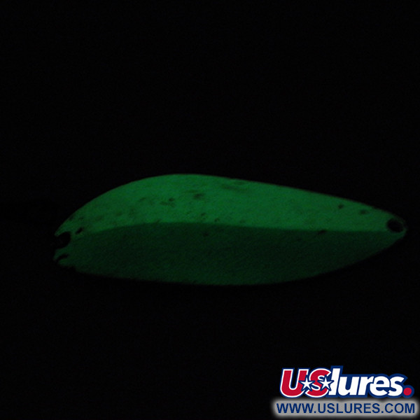 Vintage  Seneca Little Cleo (Hula Girl) Glow, 3/4oz White / Green / Nickel glow (Glow in Dark) fishing spoon #1539