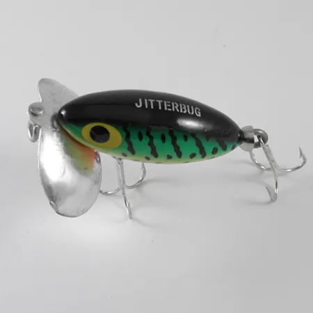 Vintage Fred Arbogast Jitterbug, 1/4oz Fire Tiger fishing lure #1570