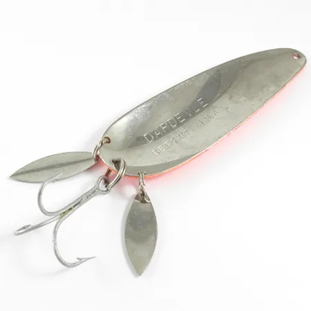 Vintage Eppinger Dardevle Klicker, 1oz Fluorescent Orange / Nickel fishing spoon #1599