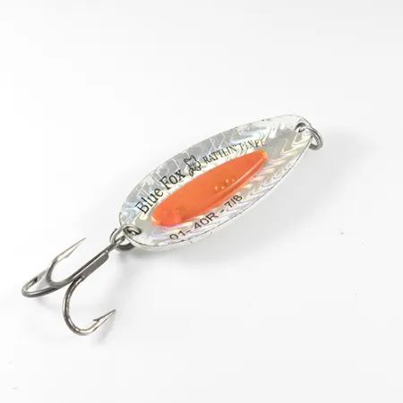 Vintage Blue Fox Rattlin Pixee , 1oz Rainbow / Fluorescent Orange fishing spoon #1737