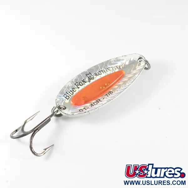 Vintage Blue Fox Rattlin Pixee , 1oz Rainbow / Fluorescent Orange fishing spoon #1737