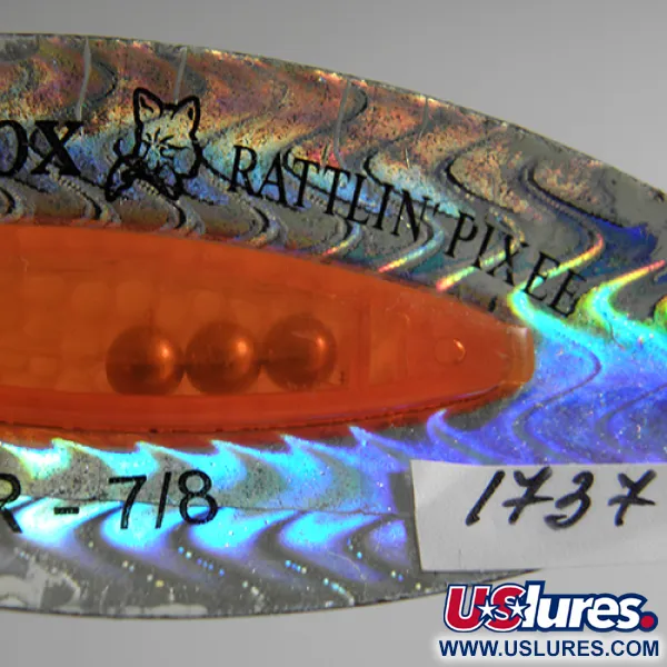 Vintage Blue Fox Rattlin Pixee , 1oz Rainbow / Fluorescent Orange fishing spoon #1737