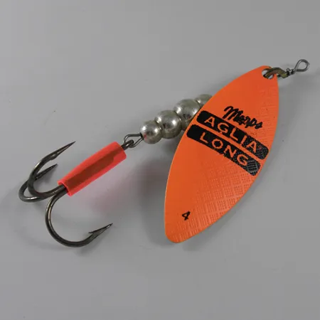 Vintage Mepps Aglia Long 4, 3/5oz Fluorescent Orange / Brass spinning lure #1756