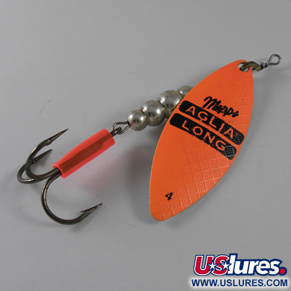 Vintage   Mepps Aglia Long 4, 3/5oz Fluorescent Orange / Brass spinning lure #1756