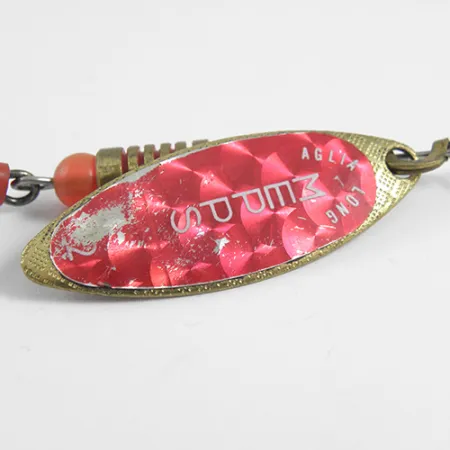 Vintage Mepps Aglia Long 2 Rainbo, 1/4oz Red / Brass spinning lure #1786