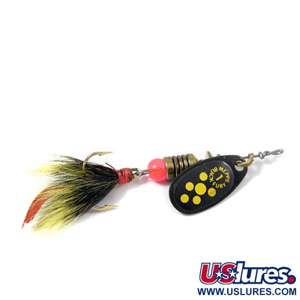 Vintage   Mepps Black Fury 1 Dressed squirrel tail, 3/32oz Black / Yellow spinning lure #2116