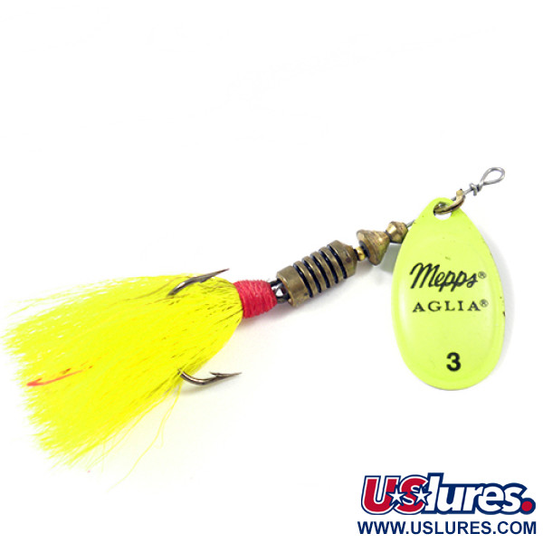 Vintage   Mepps Aglia 3 dressed bucktail, 1/4oz Fluorescent Yellow spinning lure #2170