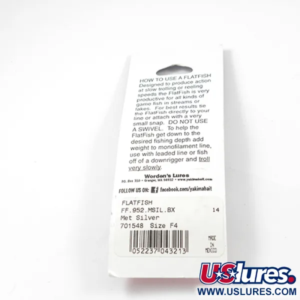  Yakima Bait FlatFish F4,  Silver fishing lure #2288