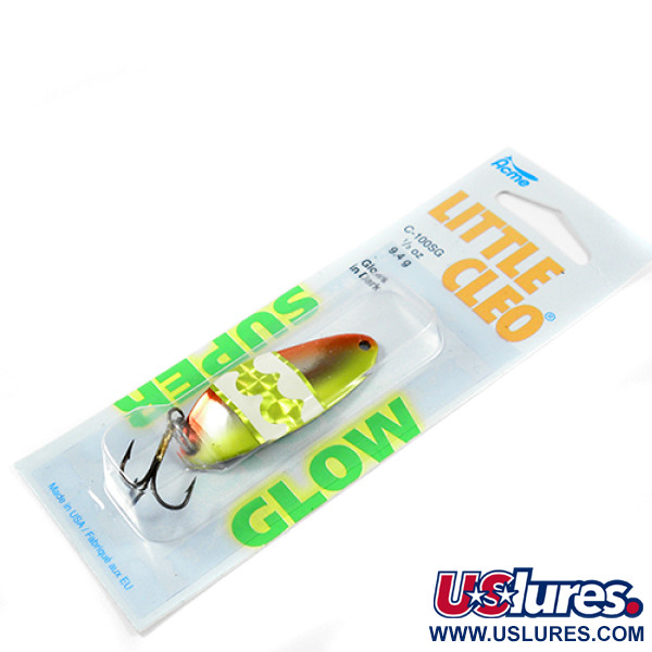  Acme Little Cleo Glow, 1/3oz Nickel / Pink / Yellow Glow in Dark and UV light fishing spoon #2308