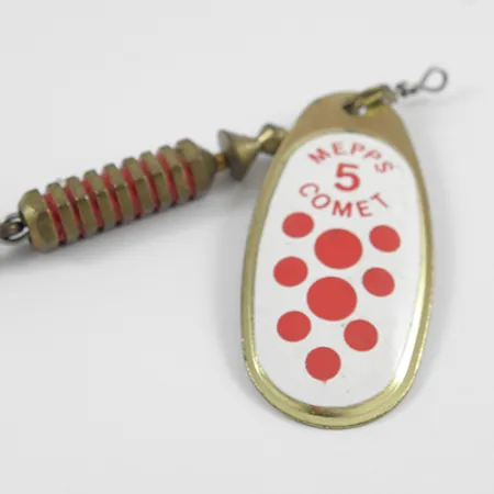 Vintage Mepps Comet 5 Dressed, 1/2oz White / Red / Brass spinning lure #2567