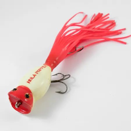 Vintage Fred Arbogast Hula Popper, 1/4oz Red / White fishing lure #2577