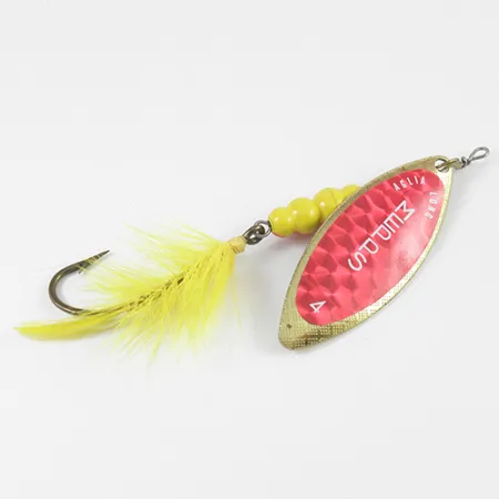 Vintage Mepps Aglia Long 4 Dressed (with tail), 3/5oz Red / Yellow / Brass spinning lure #2591