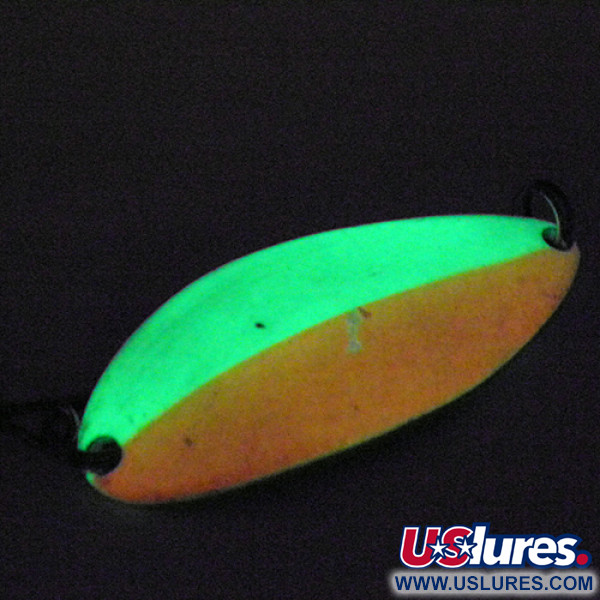 Vintage  Seneca Little Cleo (Hula Girl) Glow, 1/2oz Glow in Dark (White / Orange / Nickel) fishing spoon #2838