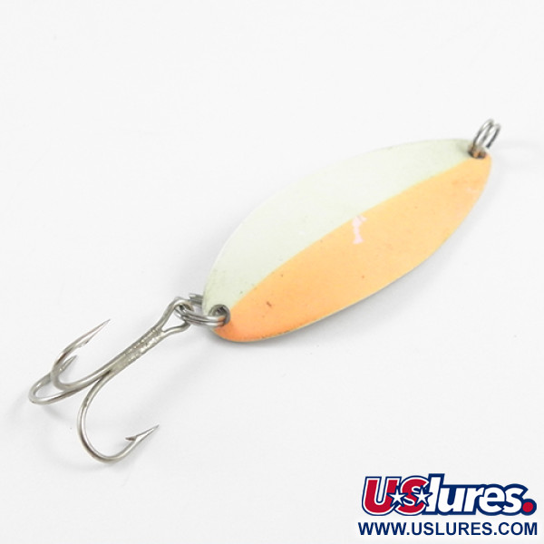 Vintage  Seneca Little Cleo (Hula Girl) Glow, 1/2oz Glow in Dark (White / Orange / Nickel) fishing spoon #2838