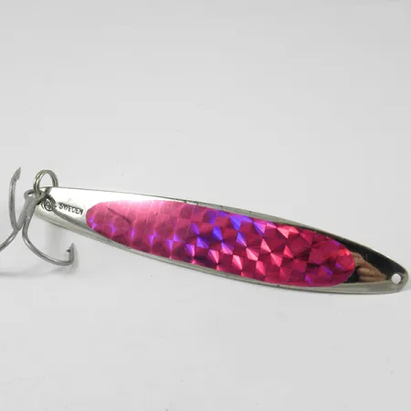 Vintage Bay de Noc Swedish pimple, 1oz Nickel / Rainbow Purple fishing spoon #3202