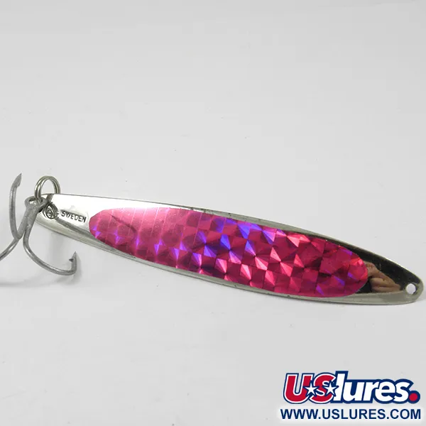 Vintage Bay de Noc Swedish pimple, 1oz Nickel / Rainbow Purple fishing spoon #3202